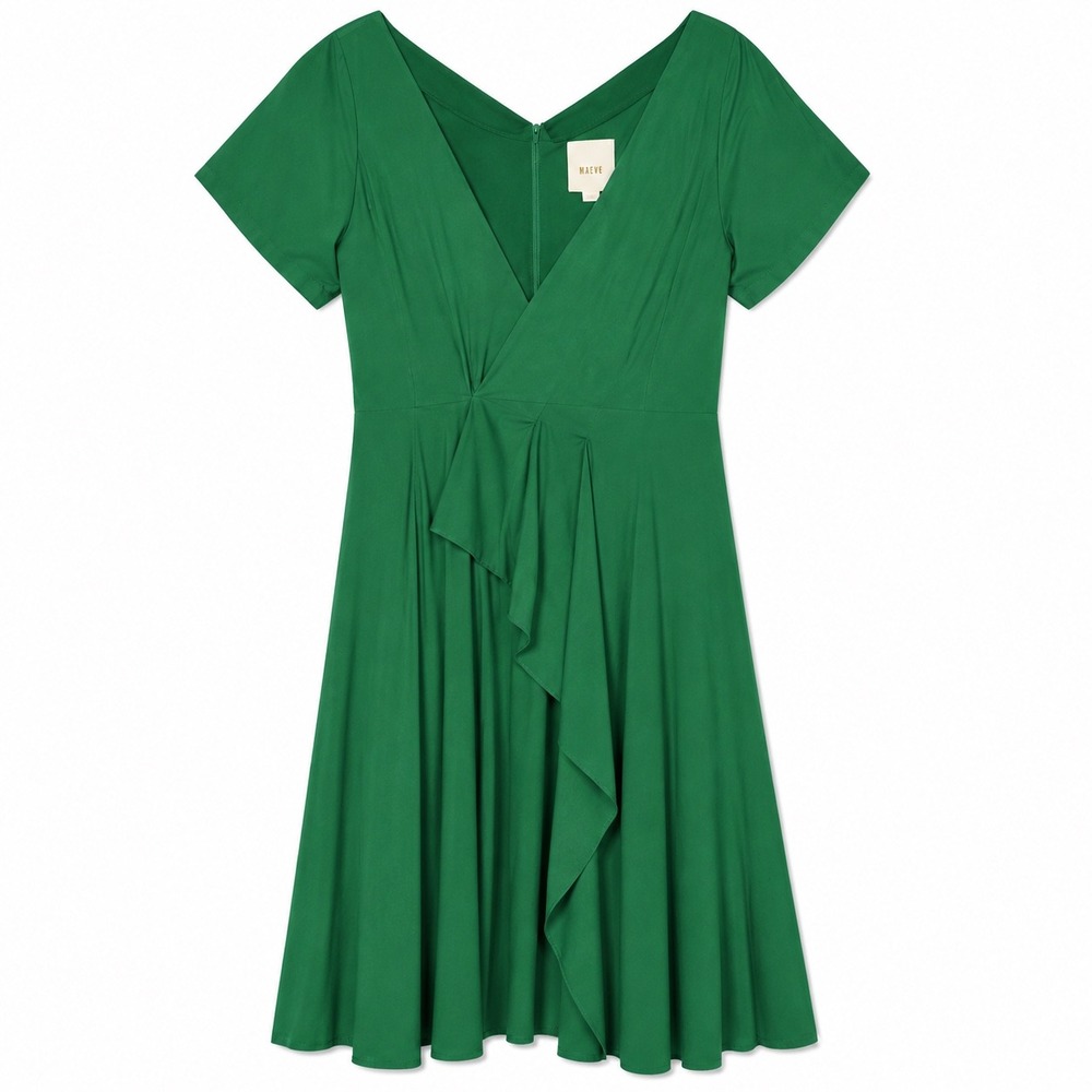 Maeve Anthropologie Dress Size 4 Green Ruffle Cotton Fit Flare Midi